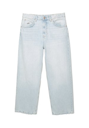 Light blue high-waist straight-leg jeans with front button, pockets, and small branded metal tag on the right front pocket.
