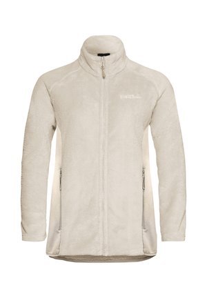 Fleecejack in licht beige, met een hoge kraag, volledige ritssluiting en zijzakken. Zachte textuur met een gladde afwerking.