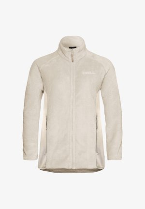 Fleecejack in licht beige, met een hoge kraag, volledige ritssluiting en zijzakken. Zachte textuur met een gladde afwerking.