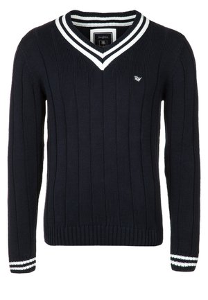 Marineblauer Strickpullover mit V-Ausschnitt, weißen Doppelstreifen am Kragen und den Bündchen, mit kleinem weißem "HW"-Logo auf der Brust.