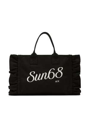 Borsa tote rettangolare nera con lati arricciati, due manici e logo bianco "Sun68" centrato sul davanti.