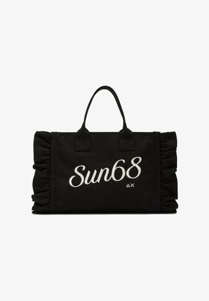 Borsa tote rettangolare nera con lati arricciati, due manici e logo bianco "Sun68" centrato sul davanti.