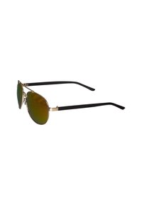 Ochelari de soare aviator cu lentile verzi reflectorizante, ramă din metal aurit și brațe negre. Prezintă o formă de lacrimă și accente subțiri.