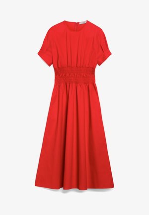 Rood kleding met korte mouwen, elastische smocking bij de taille, vloeiende rok en een ronde halslijn. Gemaakt van lichtgewicht stof.