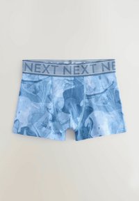 Boxer shorts blu con motivo marmorizzato, cintura elastica blu e grigia con l'etichetta "NEXT", materiale in cotone e design aderente.