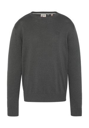 Pull à col rond à manches longues gris foncé avec des poignets et un ourlet côtelés, arborant un petit logo brodé sur la poitrine gauche.