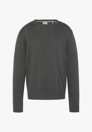 Maglione a manica lunga color grigio scuro con collo rotondo, dotato di polsini e orlo a coste, con un piccolo logo ricamato sul lato sinistro del petto.