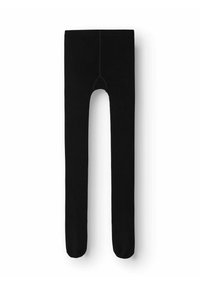 Leggings neri con una texture liscia, vita alta, gambe affusolate e un design con piede. Il tessuto è elastico e opaco.