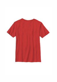 Rotes Baumwoll-T-Shirt mit kurzen Ärmeln und Rundhalsausschnitt. Glatte Textur, keine sichtbaren Muster oder Akzente, von hinten präsentiert.