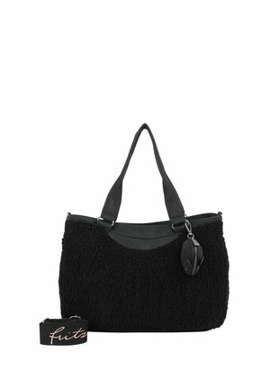 Zwarte faux-shearling handtas met leren details, twee bovenhandvatten en een afneembare schouderband met een klein ritsvakje eraan bevestigd.