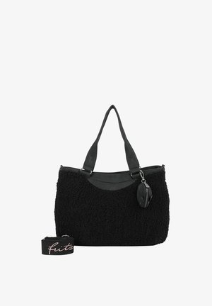 Black faux-shearling handbag with leather trim, two top handles, and a detachable strap featuring a small zippered pouch attached.