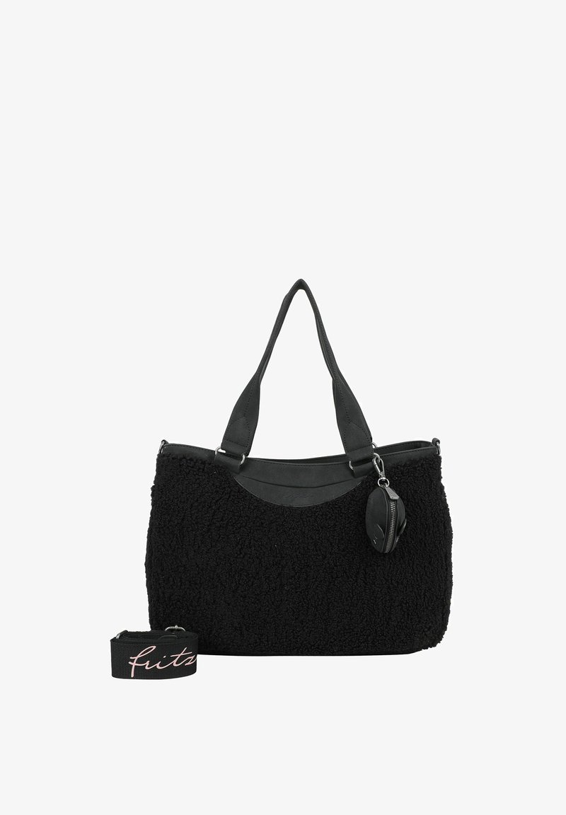 Black faux-shearling handbag with leather trim, two top handles, and a detachable strap featuring a small zippered pouch attached.