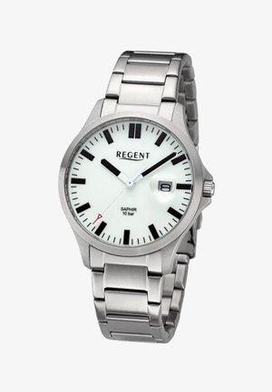 Montre-bracelet en acier inoxydable argenté avec cadran blanc, index noirs, fenêtre de date à 3 heures et nom de la marque "REGENT" sur le cadran.