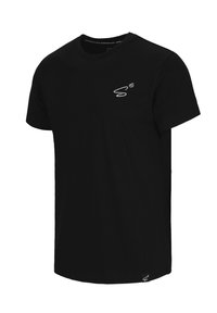 T-shirt in cotone nero con colletto tondo, maniche corte e logo bianco sul petto. Il tessuto ha una texture liscia.