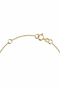 Halskette aus goldfarbenem Metall mit kleinen, miteinander verbundenen ovalen Formen und einem Karabinerverschluss. Glatte Textur mit polierter Oberfläche.