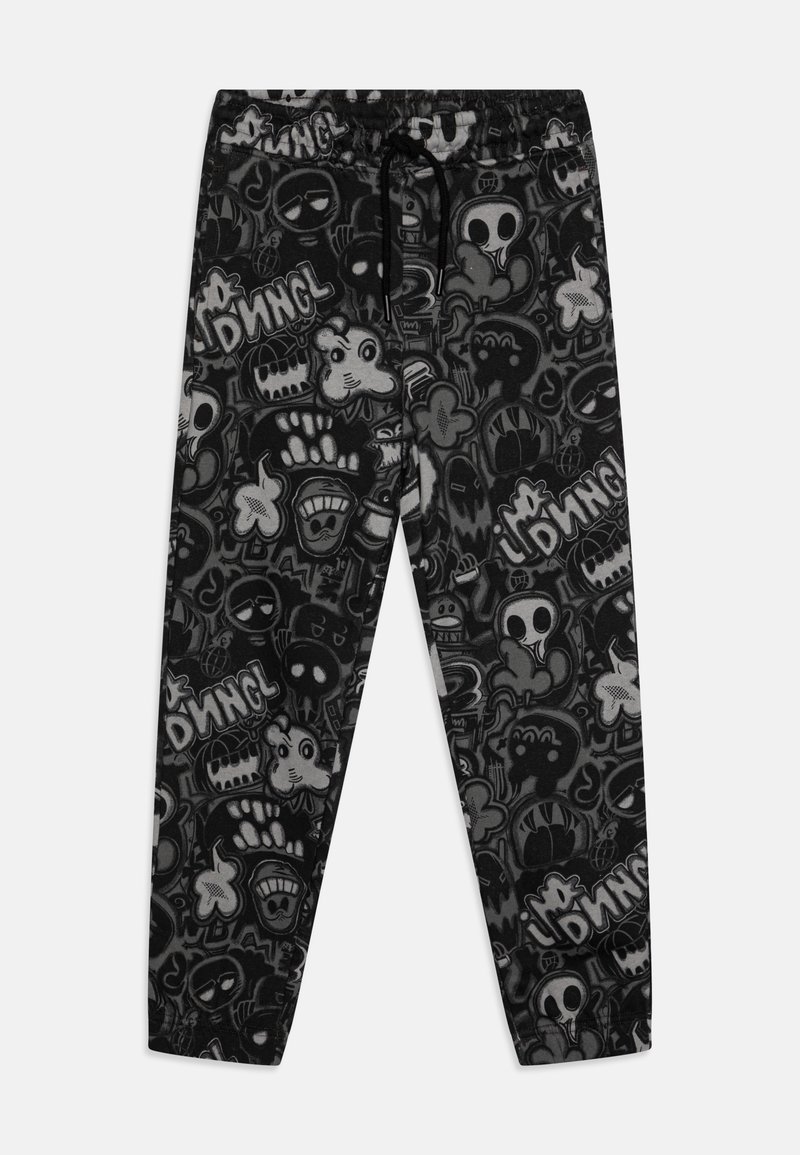 Pantalon de jogging noir avec une variété de graphismes et de textes gris de style cartoon, doté d'une taille élastique et de détails de cordon de serrage.
