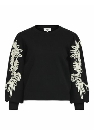 Schwarzer Sweatshirt mit gepufften langen Ärmeln, die seitlich mit weißer Blumenstickerei verziert sind. Rundhalsausschnitt, gerippte Bündchen und lockere Passform.