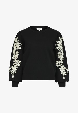 Sort sweatshirt med oppustede, lange ærmer med hvid blomsterbroderi på siderne. Rund hals, ribbede manchetter og afslappet pasform.