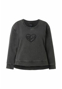 Sudadera negra con cuello redondo, mangas largas y un diseño frontal de corazón hecho de lentejuelas negras. Presenta un ajuste relajado y dobladillo sin rematar.