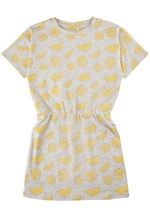 Robe en jersey grise ornée d'un motif de tranches de citron répétées en jaune. Manches courtes, coupe décontractée et taille élastique pour un ajustement flatteur.