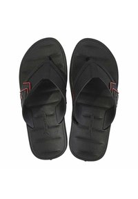 Infradito neri con suola texturizzata, caratterizzati da un design con cinghia triangolare e un accento rosso sul lato sinistro. Materiale flessibile, stile minimalista.