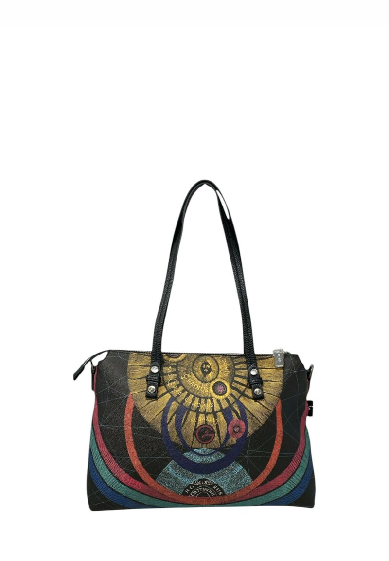 Zwarte tas met kleurrijke geometrische patronen en gouden accenten. Beschikt over twee zwarte handvatten en een ritsluiting. Textuur oppervlak.