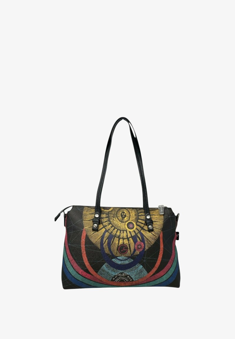 Bolso negro con patrones geométricos coloridos y acentos dorados. Cuenta con dos asas negras y un cierre de cremallera. Superficie texturizada.