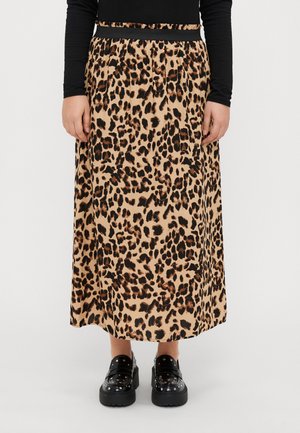 Leopard-print maxi skirt in a beige base with black and brown spots, featuring a black elastic waistband and gathered detailing at the waist.