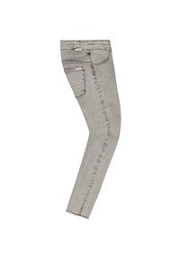 Pantalones vaqueros ajustados de mezclilla gris con un acabado desgastado, que cuentan con cinco bolsillos y un ligero deshilachado en el dobladillo. Cierre de botón y cremallera.