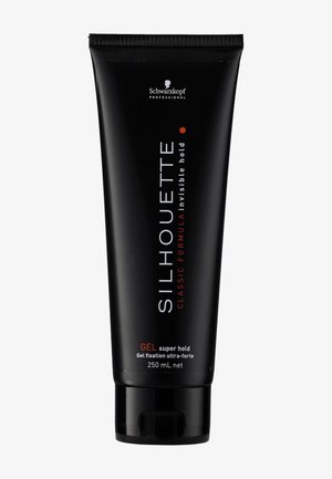 Tube noir de gel coiffant Schwarzkopf Silhouette super fixation de 250 mL net, étiqueté "Formule Classique tenue invisible."