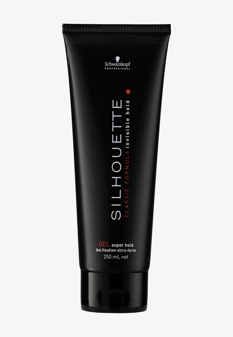Zwarte tube Schwarzkopf Silhouette super hold haargel met een netto gewicht van 250 mL, gelabeld met "Classic Formula invisible hold."