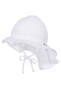 Weißer Sonnenhut aus leichtem Stoff, mit einem breiten Rand, verstellbarem Band unter dem Kinn und einer glatten, ungemusterten Textur.