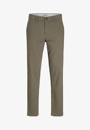 Olive rohelised, kitsas lõige püksid, mis on valmistatud puuvillast, lukuga ees, nööbiga kinnitatavad ja küljetaskudega. Sile tekstuur ja puhtad õmblused.