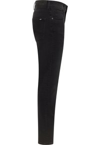 Czarne dżinsy slim fit z gładką fakturą, pięcioma kieszeniami i subtelnym logo na pasku, z nogawką zwężaną.