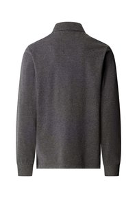 Polo à manches longues gris foncé avec un col classique et un tissu doux et texturé. Il présente un ourlet droit et des poignets ajustés.