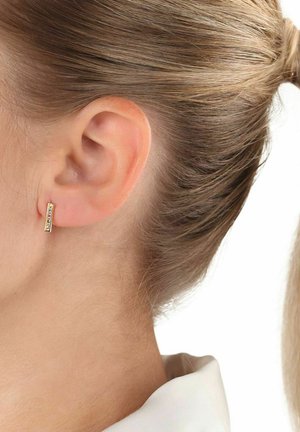 Orecchini in oro con forma rettangolare, impreziositi da piccole pietre trasparenti, attaccati al lobo dell'orecchio, su uno sfondo chiaro.