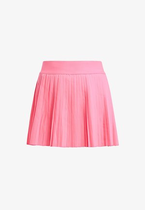 Fustă plisată roz cu o talie lată. Fabricată dintr-un material ușor, cu pliuri verticale fine și o lungime scurtă. Textură netedă.