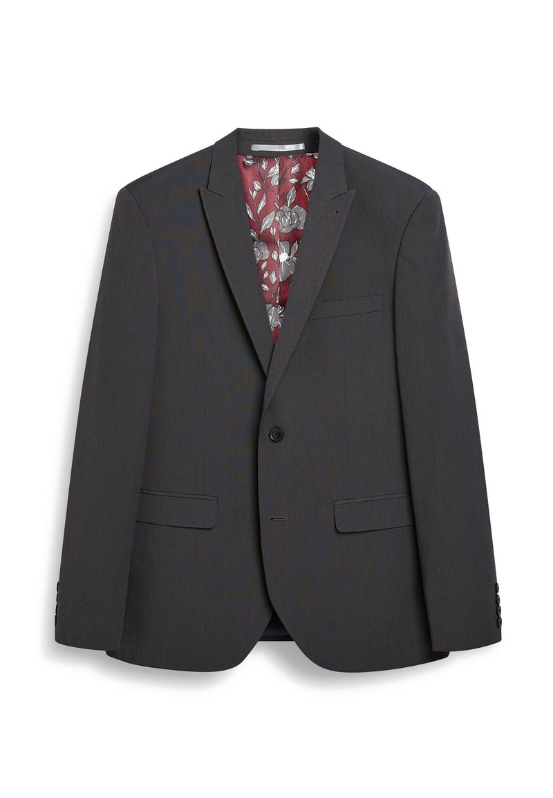 Blazer gris foncé avec un col à revers cranté, une fermeture à un bouton, deux poches avant, et une doublure rouge à motifs floraux. Tissu à texture lisse.