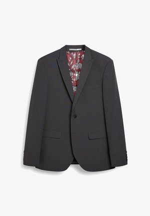 Blazer gris oscuro con solapas en pico, cierre de un solo botón, dos bolsillos frontales y un forro burdeos con un patrón floral. Tela texturizada.