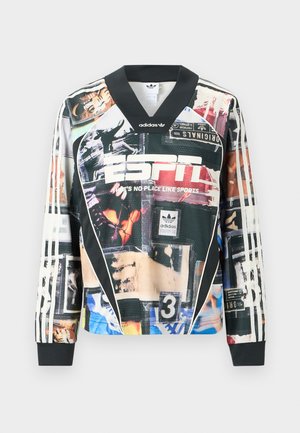 Adidas sportshirt met lange mouwen en een collage van vintage sportafbeeldingen, het ESPN-logo en de tekst "There's no place like sports".