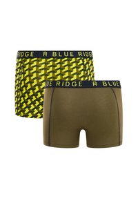 Dwie pary bokserek: jedna z żółtym geometrycznym wzorem i czarną gumką w talii, a druga w oliwkowym kolorze z kontrastowymi szwami.