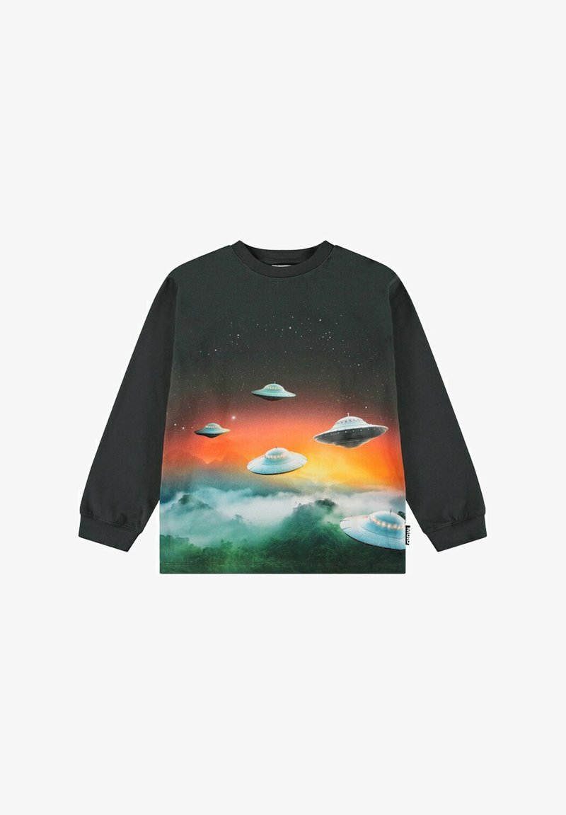 Black long-sleeve t-shirt featuring a colorful graphic of UFOs against an orange and green space background with star details.