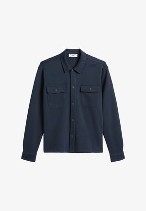 Marineblaue Hemd mit Knopfleiste aus weichem Stoff, ausgestattet mit einem Kentkragen, zwei Brusttaschen und langen Ärmeln mit geknöpften Manschetten.