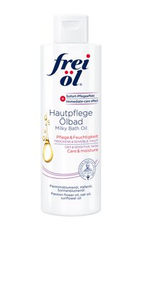 White plastic bottle of milky bath oil, with red and blue text. Features droplet graphic and detailed ingredients list. Flip-top cap.