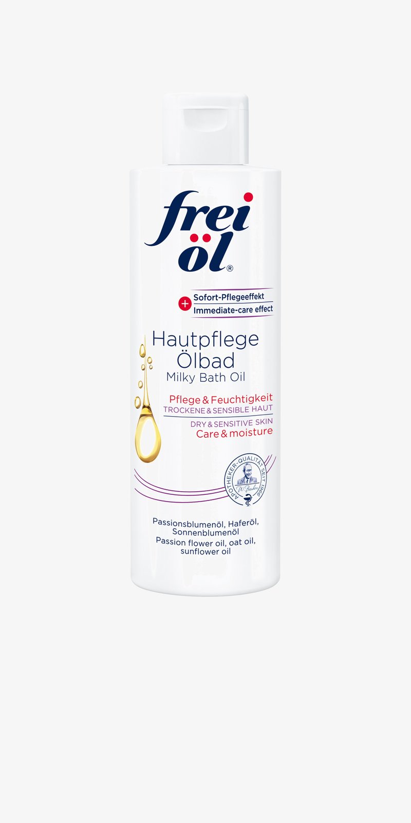 White plastic bottle of milky bath oil, with red and blue text. Features droplet graphic and detailed ingredients list. Flip-top cap.