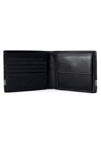 Portafoglio in pelle nera con più scomparti per card e un compartimento per le banconote, caratterizzato da una texture liscia e un discreto marchio impresso.