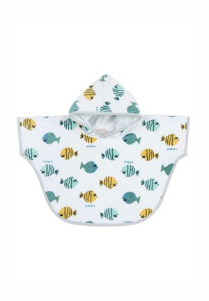 Poncho bianco con cappuccio caratterizzato da piccoli motivi di pesci in blu, giallo e verde. Tessuto morbido e testurizzato con bordi arrotondati e un'apertura frontale.