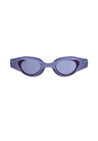 Gafas de natación moradas con un diseño elegante, lentes tintados y correa de silicona. Cuenta con una forma hidrodinámica y un logotipo en el lateral.