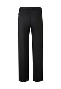 Pantalons noirs à coupe droite, avec une ceinture élastique, deux poches arrière et une texture de tissu lisse.