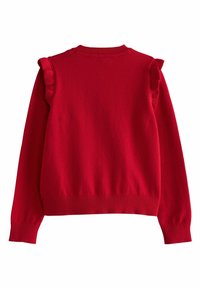 Red sweater featuring long sleeves, ruffled accents on shoulders, a classic crew neck, and a soft texture with a fitted hem.